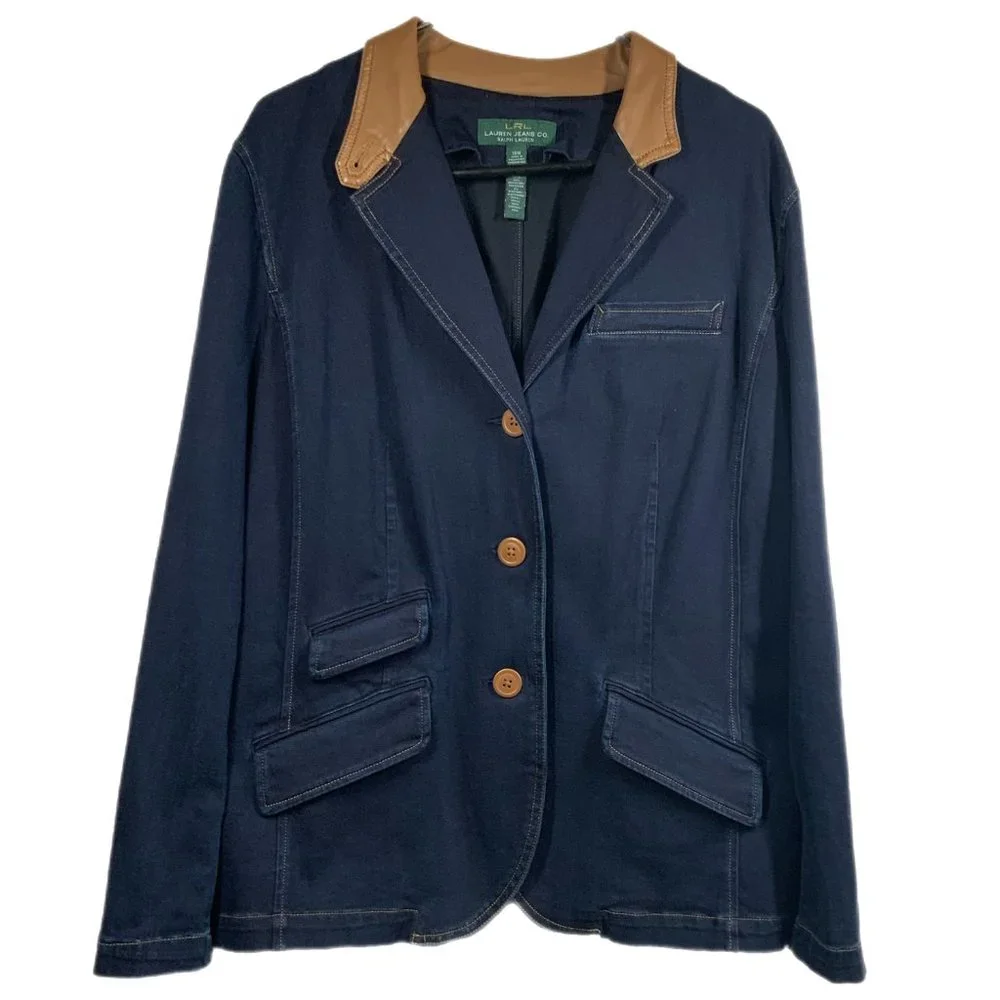Lauren Ralph Lauren Jeans Co Denim Leather Trim Classic Blazer Size 16W LRL - Picture 1 of 3